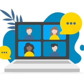 Video call conference, working from home, social distancing, business discussion on the laptop screen. Vector flat illustrations. Conference video call on laptop, backdrop scribble and leaves.